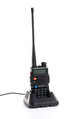 Black walkie-talkie Radio communication device isolated on white