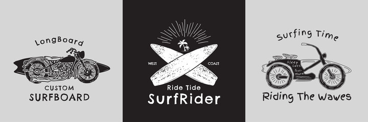 Retro hand drawn motorcycle and surf board graphic vector design. Vintage surfing fashion print design for t-shirt and other uses. - obrazy, fototapety, plakaty
