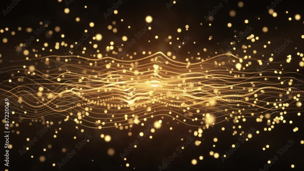Poster 4k looped waves pattern dotted lines gold glitter particles loop background. bokeh lights. for event