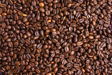 Dark roast coffee beans pattern background, flat lay
