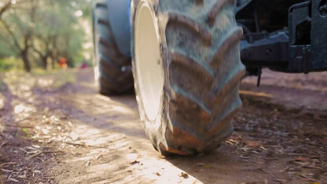 Gomme di un trattore che cammina in campagna