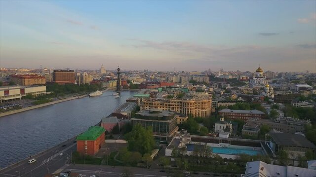 sunset time moscow river cityscape center aerial flight over panorama 4k russia