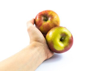 Demonstration of red apples in hand on white isolated background