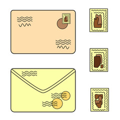 A set of mail packages and emails. Top view, vector illustrations isolated on a brown background. Flat cartoon doodle style.