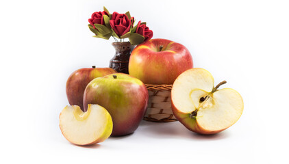 Still life of many red apples and vase decorative flowers, illustration of fruit, banner white and isolated background
