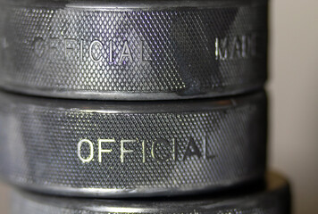 Hockey pucks close up