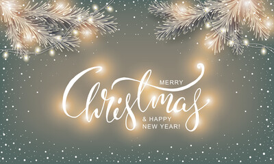 Christmas Greeting Card. Happy Holidays Background with frost fir in Holiday lights Garland decoration with Christmas Lettering Text