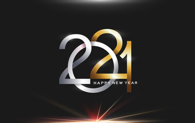 Happy New 2021 Year. Vector holiday illustration. Silver and Golden 3d numbers on dark background for  festive event banner. flyers, posters, business decoration sign, card, banner, postcard design.