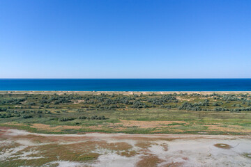 Aerial photography of the Black Sea in Anapa. Shooting a shallow bay in sunny weather.