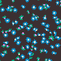 Cute vector botanical seamless pattern. Small daisies scatterred. Wild flowers in vintage style. Flat simple floral freehand background for kids, baby and girls design, textile, fabric, wallpaper,