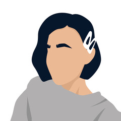 a girl with dark hair and eyebrows with white hairpins on her head and in a gray sweater