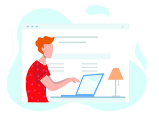 Cartoon programmer at work. Web developer working on laptop in the office. Programming concept. The process of creating web pages. Vector flat illustration.