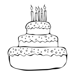 Hand drawn vector illustration of birthday cake with candles. Doodle style sketch.