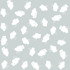 Seamless vector rainy pattern with clouds, thunder bolts and umbrellas. Wet weather background for fabric, textile, design, cover, banner. 