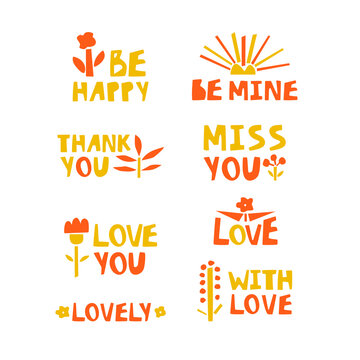 Set of paper cut lettering for greeting cards. Simple short phrases about love for Valentine’s Day. Vector illustration