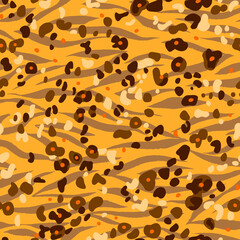 Abstract shapes seamless pattern. Mixed zebra stripes print skin texture with small simple doodle spotty elements. Modern flat design with curved lines for textile, fabric and wrapping.