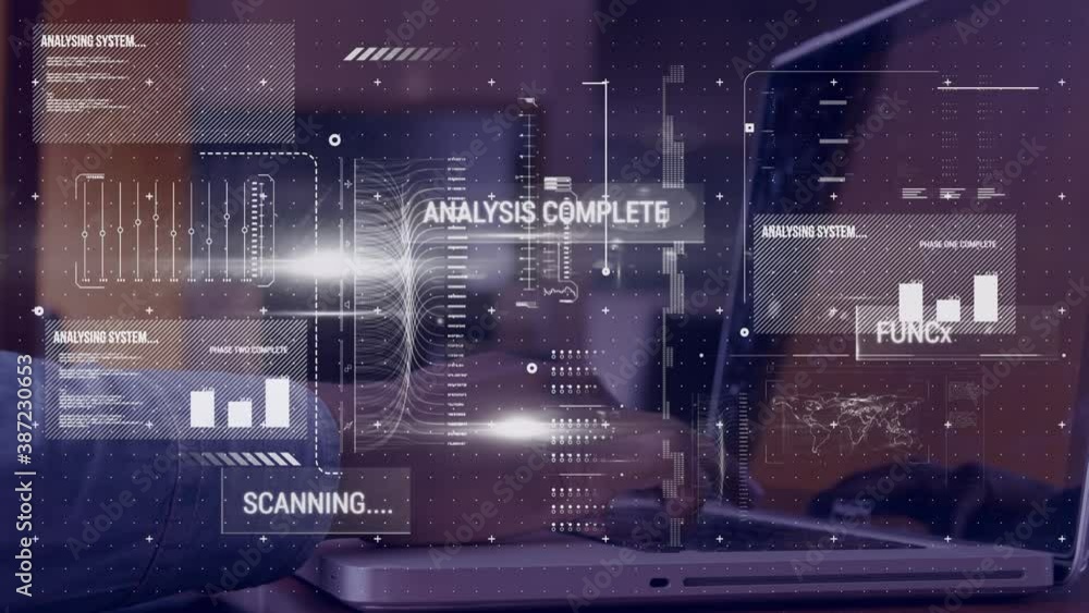 Poster digital interface with data processing against man using laptop