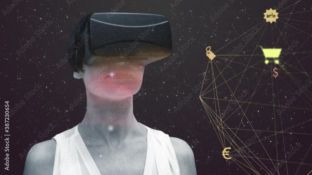 Poster globe of network of connections over woman using vr headset against space in background