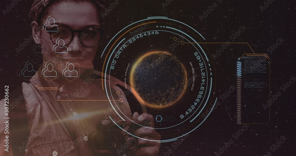 Aufkleber digital interface with data processing against female photographer
