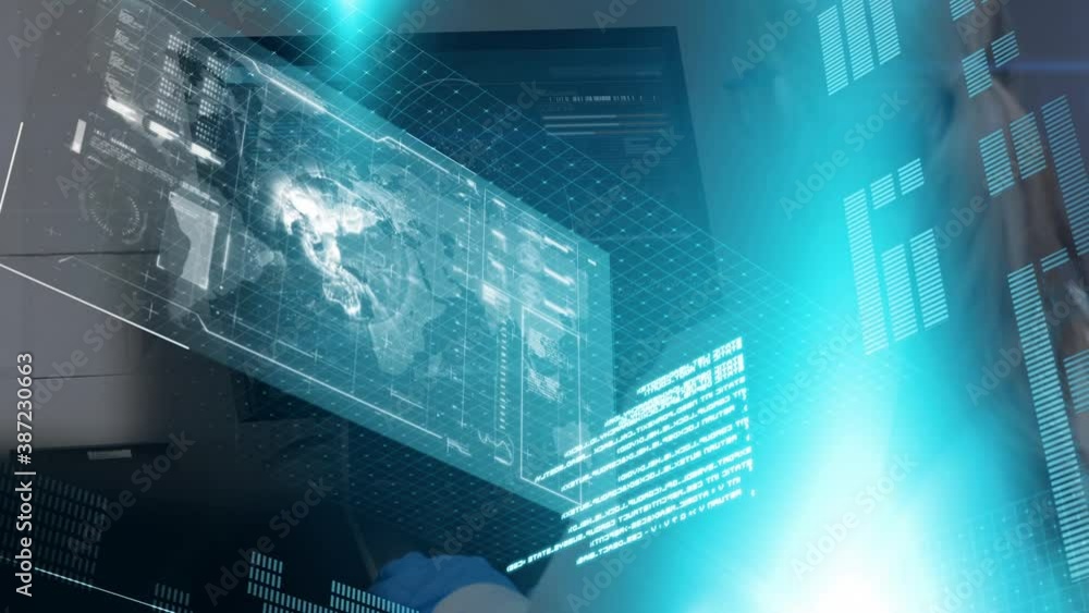 Poster digital interface with data processing against woman using computer