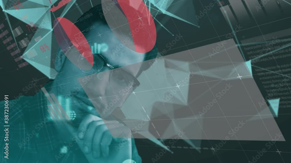 Poster statistical data processing over man with hand on chin against plexus networks