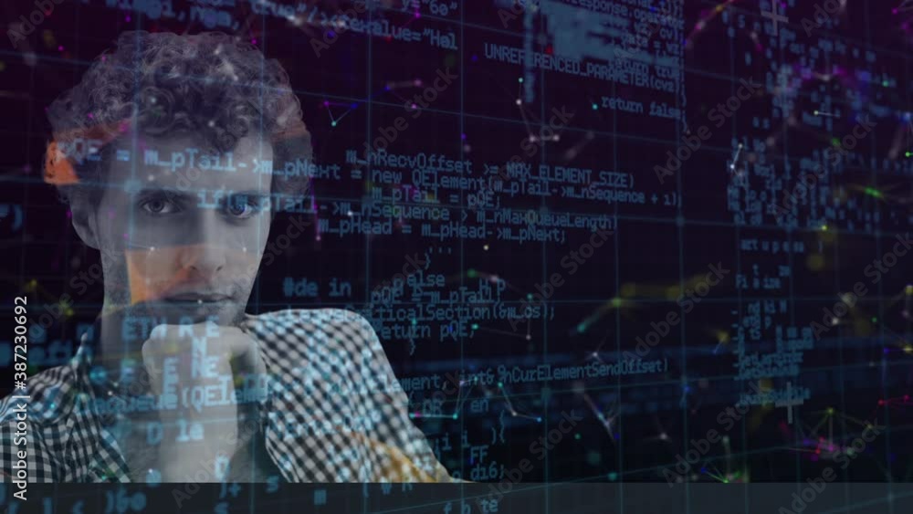 Aufkleber network of connections over man with hand on chin against data processing