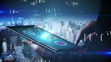 Mathematical symbols over man using digital tablet against cityscape - Powered by Adobe
