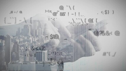 Mathematical symbols over person using smartphone against cityscape - Powered by Adobe