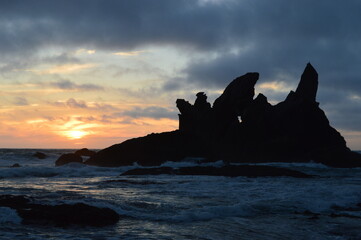 Sunset camping at the Shi Shi Beach in the Olympic National Park in the Pacific Northwest of Washington State, USA