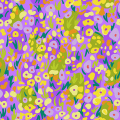 Vector organic abstract shapes background. Summer seamless pattern made of decorative flowers and plants. Simple geometric doodle elements. Trendy flat style for fashion design, textile and fabric.