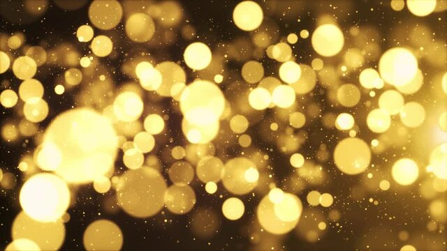 3d Gold Floating Dust Bokeh Particles In The Air with Flare on Black loop Background in Slow Motion Animation. award, wedding, party, fashion show, Christmas, New Year, anniversary celebration.