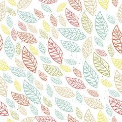 Seamless Pattern with hand drawn flying leafs. Scandinavian Style.