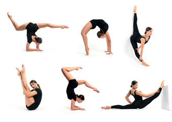 Athletic woman in a black sports bodysuit performs fitness exercises on a white background. Collage, banner design.