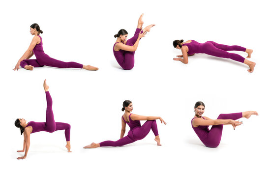 Young athletic woman performs fitness exercises on a white background. Collage, banner design.