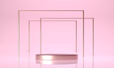 Showcase, podium, pedestal for products, goods - 3d, render illustration. Pink background with golden empty stand, border frames.  