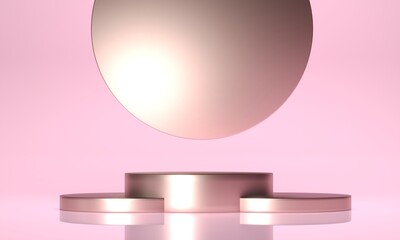 Showcase, podium, pedestal for products, goods - 3d, render illustration. Pink background with golden empty stand, border frames.  