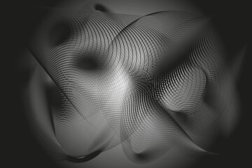Abstract black and white raster background. A geometrical deformed surface made of thin wavy lines.
