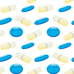 Medical pill seamless pattern on white  background. Medicine capsule tablet in flat style. Natural preparations. Counterfeiting drugs.Antibiotic. Vitamin deficiency pill. Vector illustration.