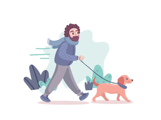 A man walks with a dachshund dog. A male character spends time with a relaxing with a pet, puppy. Cartoon illustration.