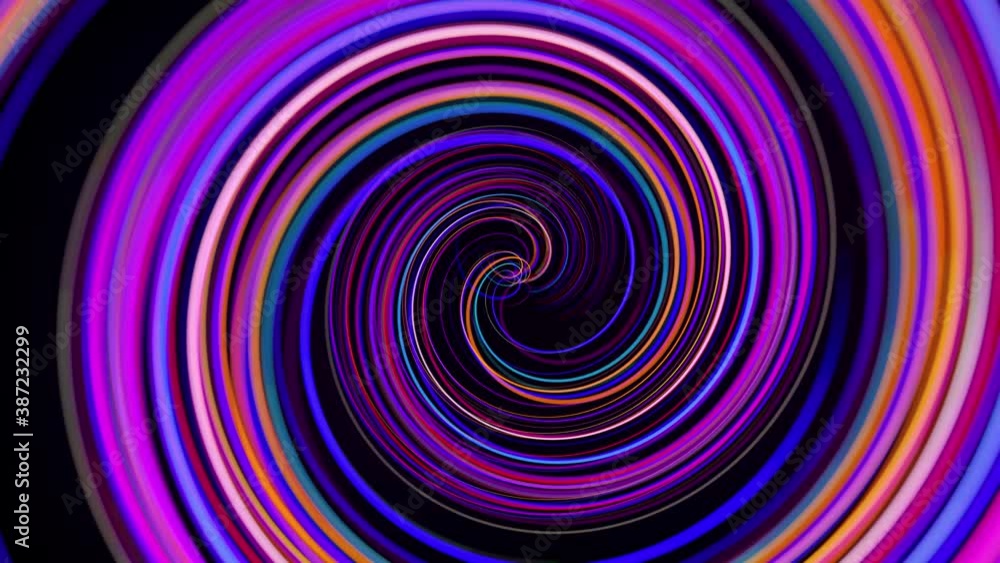 Poster motion graphics, sci-fi bg. stream of multicolor neon lines form spiral shape, curls and pattern. ab