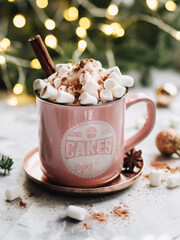 Obraz na płótnie Canvas A pink mug with a slide of marshmallows with a cinnamon tube and sprinkled with cocoa. In the background there is a fir branch with garlands and Christmas balls. Christmas drink. Preparing for the new