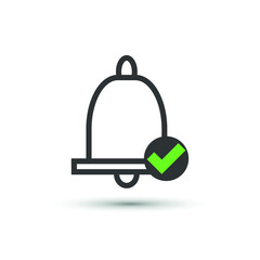Vector bell icon with green check mark. Reminder, notify symbol. For web, mobile, design, advertising banner