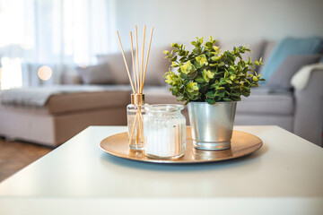 Liquid home fragrance in aroma sticks with glass bottle closeup. Scandinavian hygge style, home interior.  Aroma diffuser with wooden sticks. Home fragrance in sticks