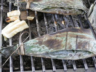Tilapia-Maito, ein beliebtes Gericht in Ecuador. Der in den Blättern des Yaki-Pangas gebratene...