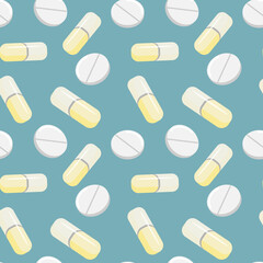 Medical pill seamless pattern on green background. Medicine capsule tablet in flat style. Natural preparations. Counterfeiting drugs.Antibiotic. Vitamin deficiency pill. Vector illustration.