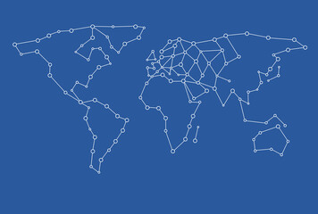 Illustration of a dot-connected blank world map isolated on a blue background

