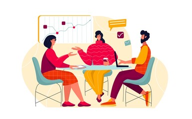 Vector illustration of office workflow employees and team building. Man and woman personnel, manager, coworkers working.