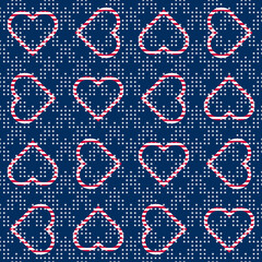 Abstract seamless vector pattern with striped heart outlines with small white stars on blue background. 4th July abstract geometric pattern inspired by USA flag colours and symbols.