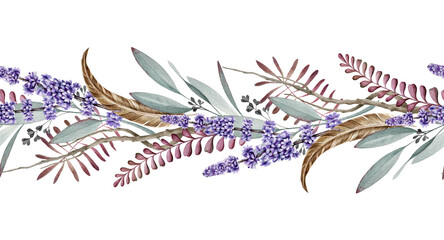 Seamless border with lavender and eucalyptus watercolor illustration. Natural organic herbs mixed in elegant ornament. Hand drawn eucalyptus branch with lavender flowers in seamless border © anitapol