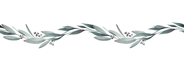 Seamless border from eucalyptus branch watercolor illustration. Natural organic herb in elegant ornament. Hand drawn eucalyptus medical organic herb in elegant seamless border. On white background